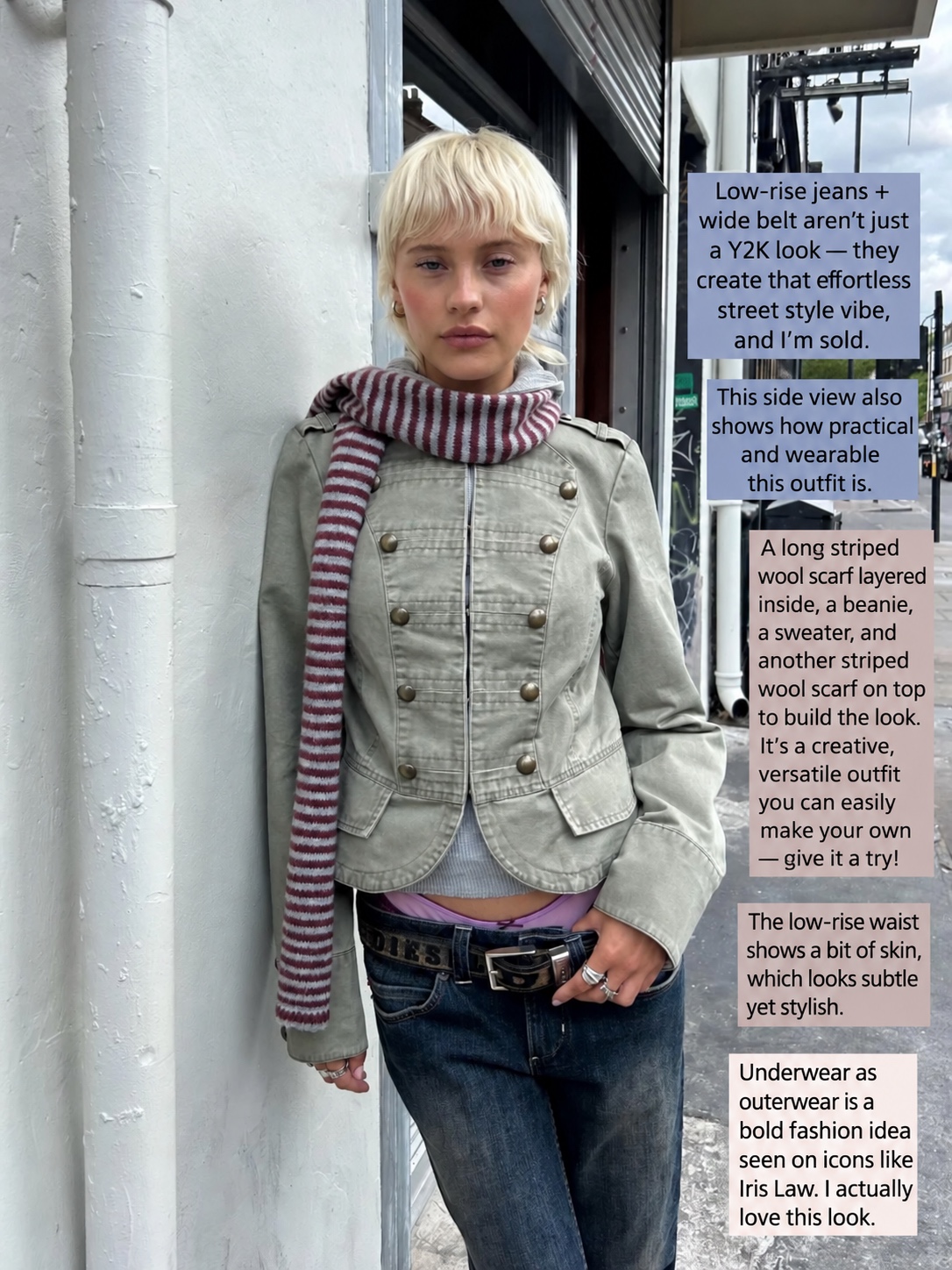 Grey military-style jacket with a burgundy striped scarf and low-rise dark jeans