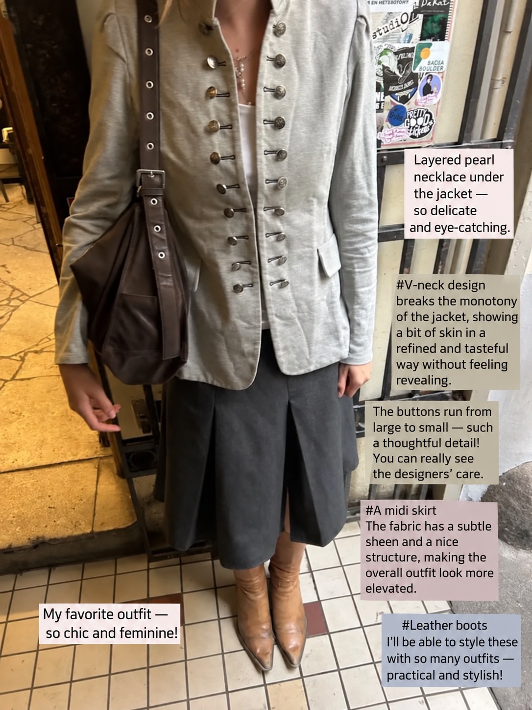 Grey buttoned jacket with a dark midi skirt, leather bag and brown boots
