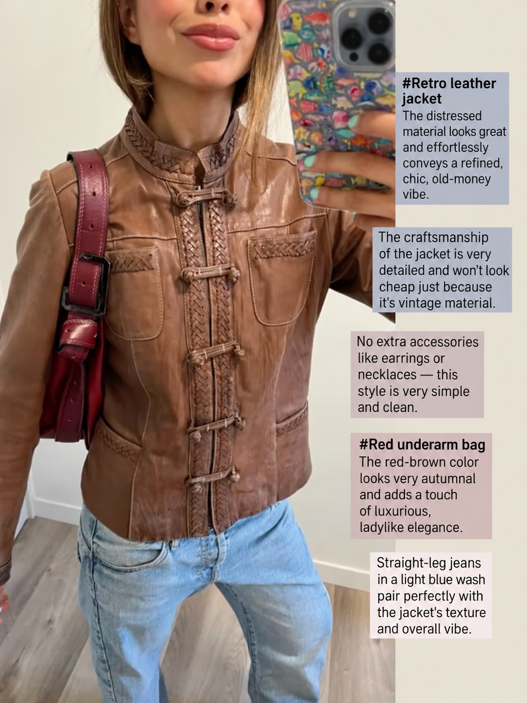 Brown braided leather jacket with a red shoulder bag and light-wash jeans