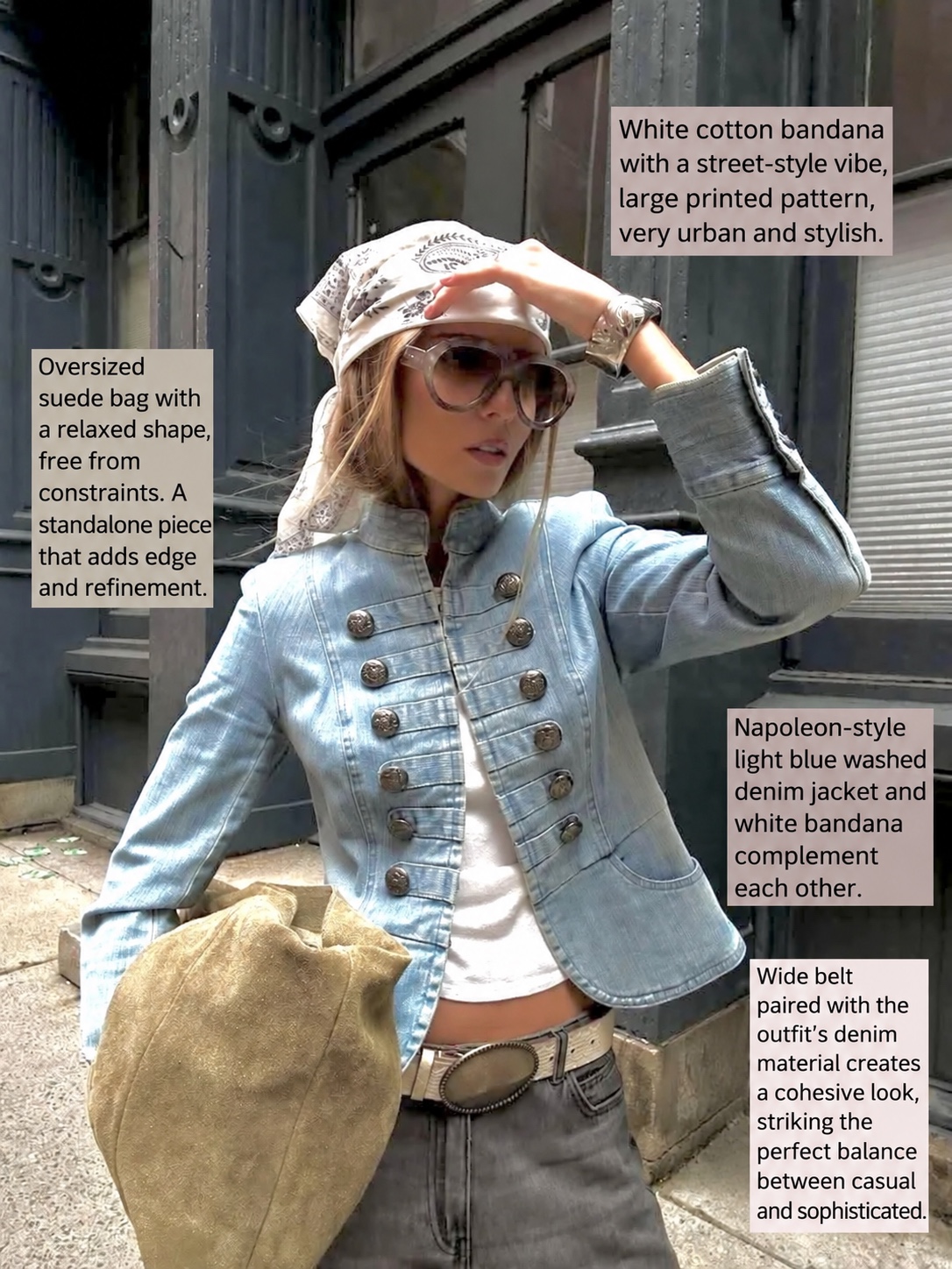 Washed blue Napoleon-style jacket with a white bandana and oversized suede bag
