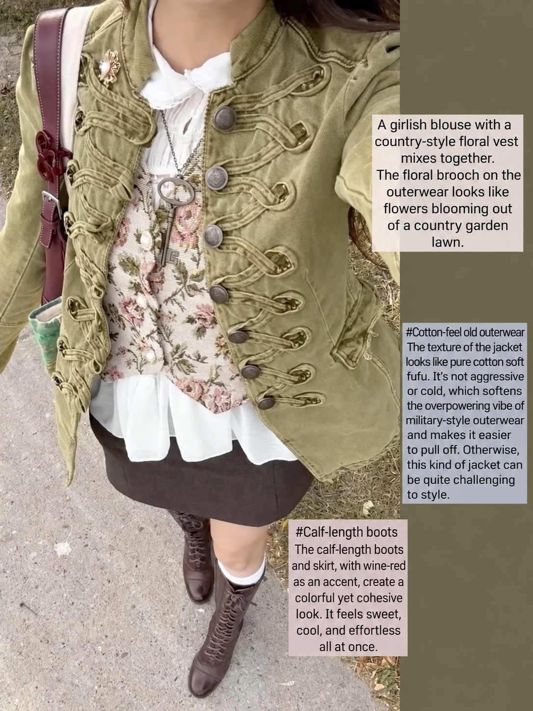 Olive jacket, floral vest, white blouse, dark skirt and tall brown boots