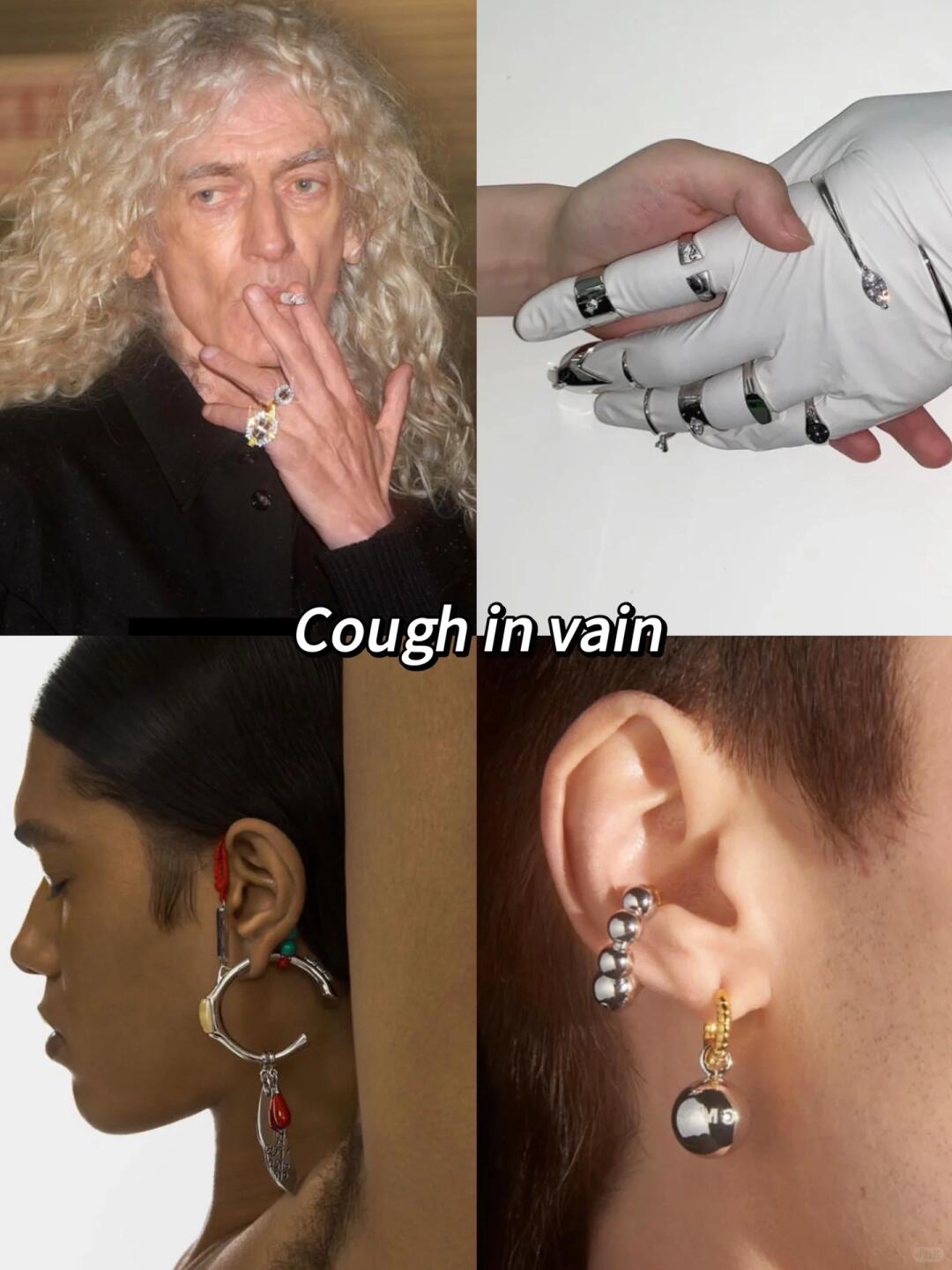 Cough in Vain silver jewelry with surreal earrings, rings and odd styling