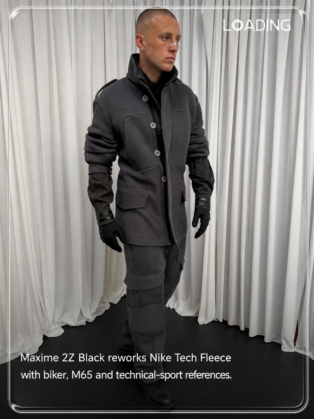 Grey Nike Tech Fleece rework styled with black gloves and structured outerwear