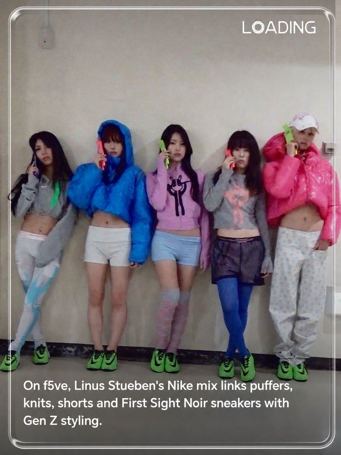 f5ve group wearing bright Nike outfits and green First Sight Noir sneakers