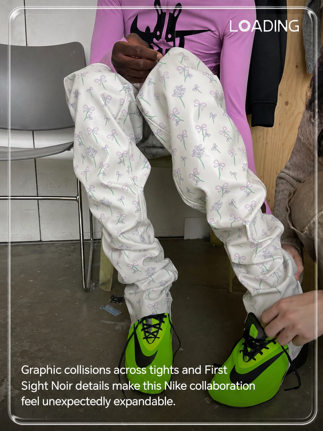 Nike First Sight Noir sneakers styled with graphic white trousers and pink top