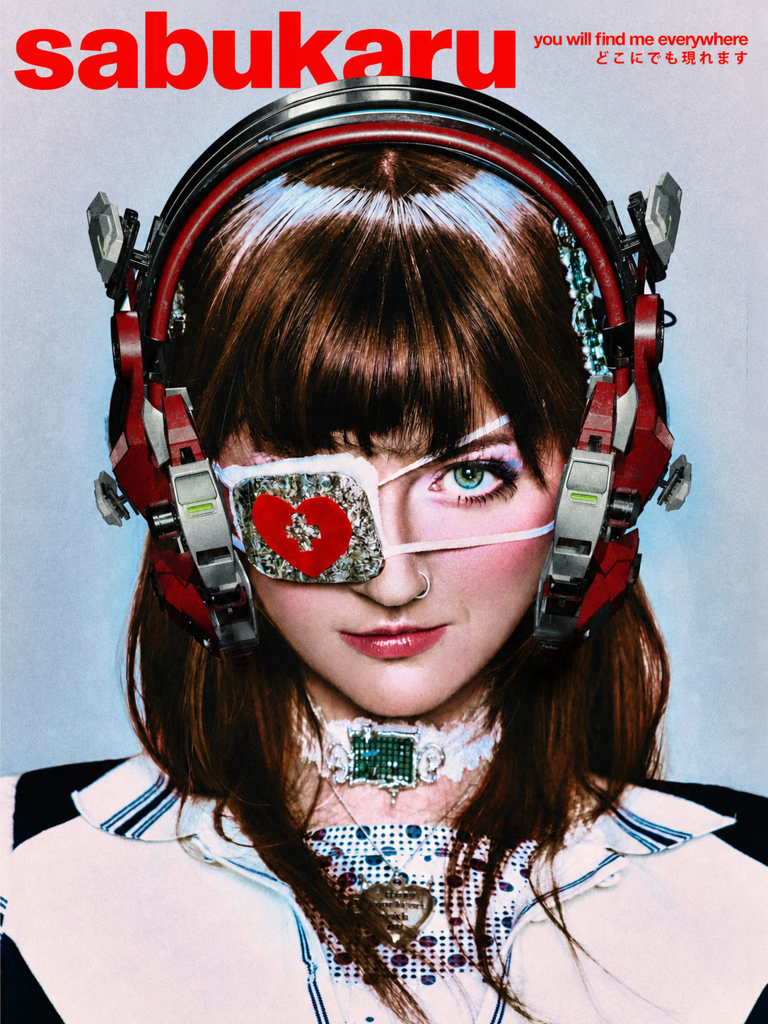Sabukaru cover-style portrait of Ninajirachi with red mechanical headphones and an embellished eye patch