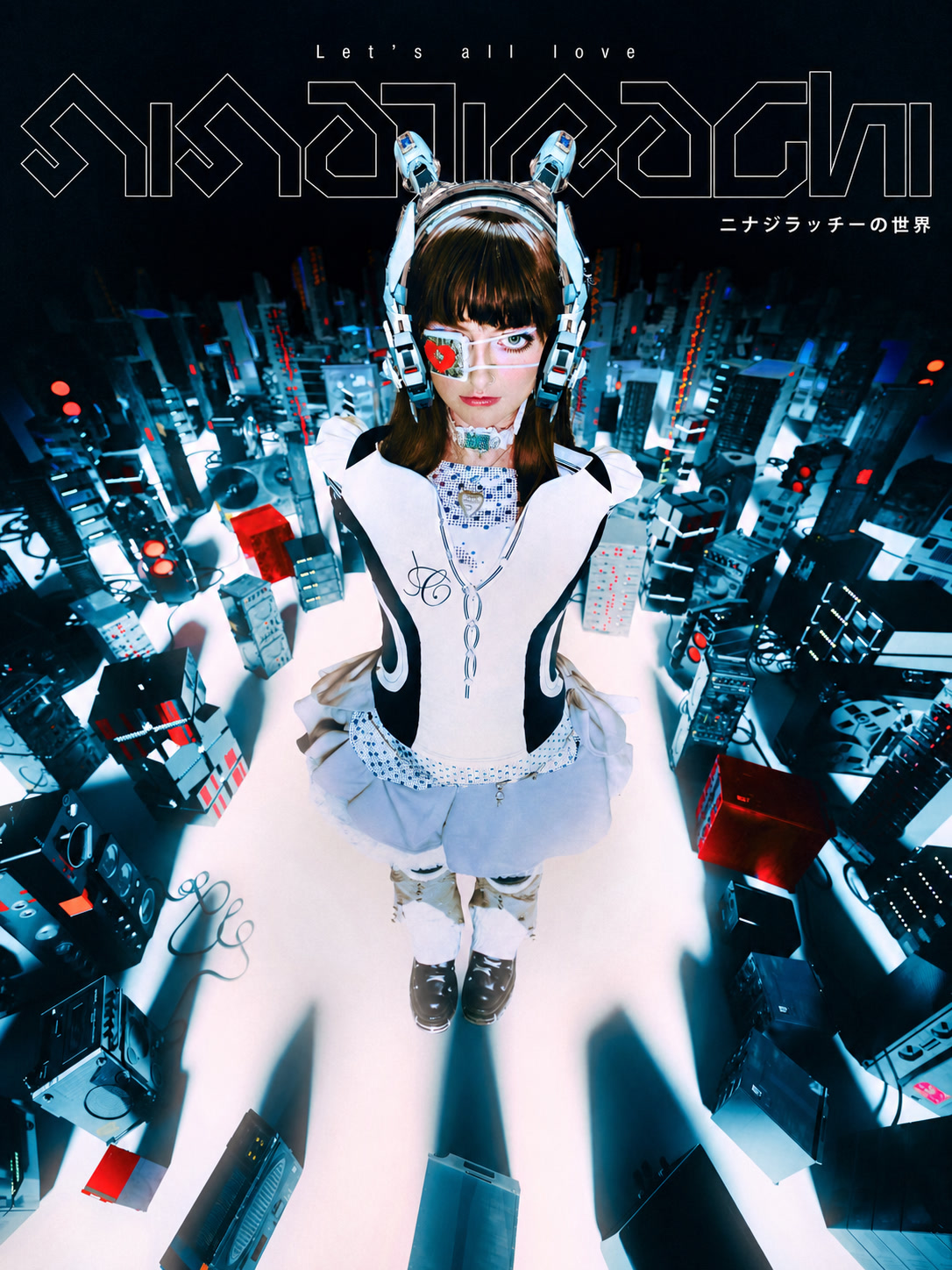 Ninajirachi standing in a futuristic city of devices beneath graphic album-style typography