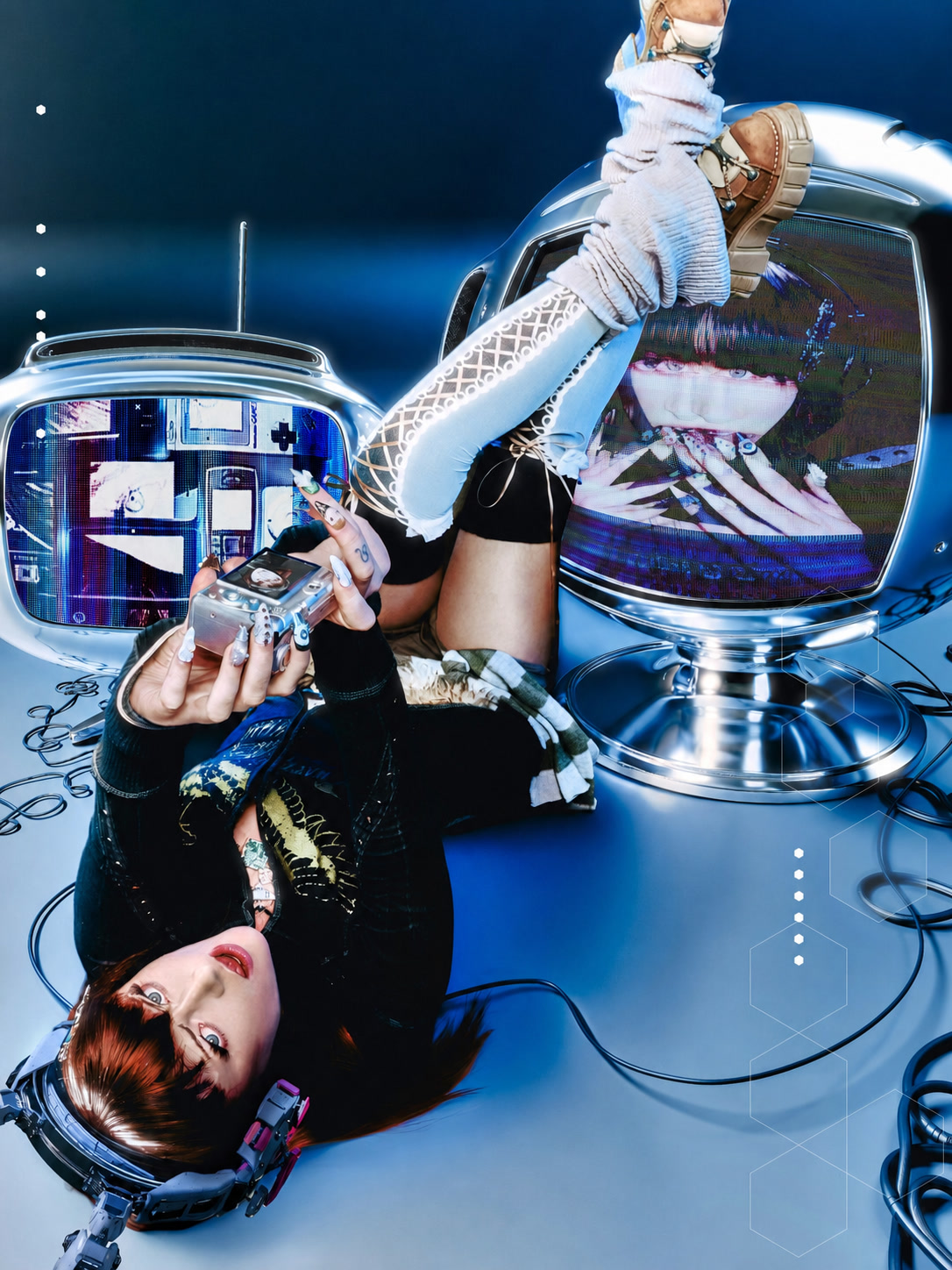 Ninajirachi upside down between silver monitors, cables and blue studio light