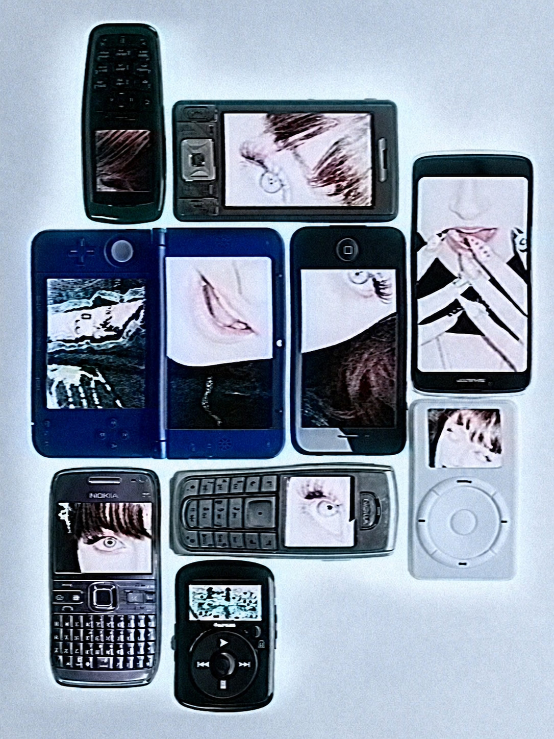 Retro phones and portable devices arranged with close-up screen imagery
