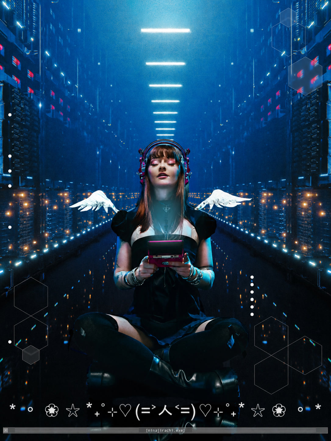 Ninajirachi in a blue cyber corridor with white wings and a handheld device