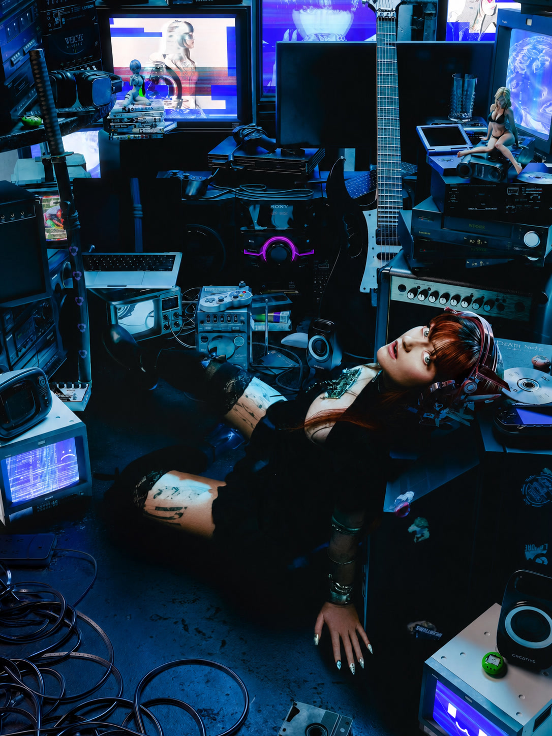 Ninajirachi reclining in a room crowded with monitors, cables, game consoles and blue light