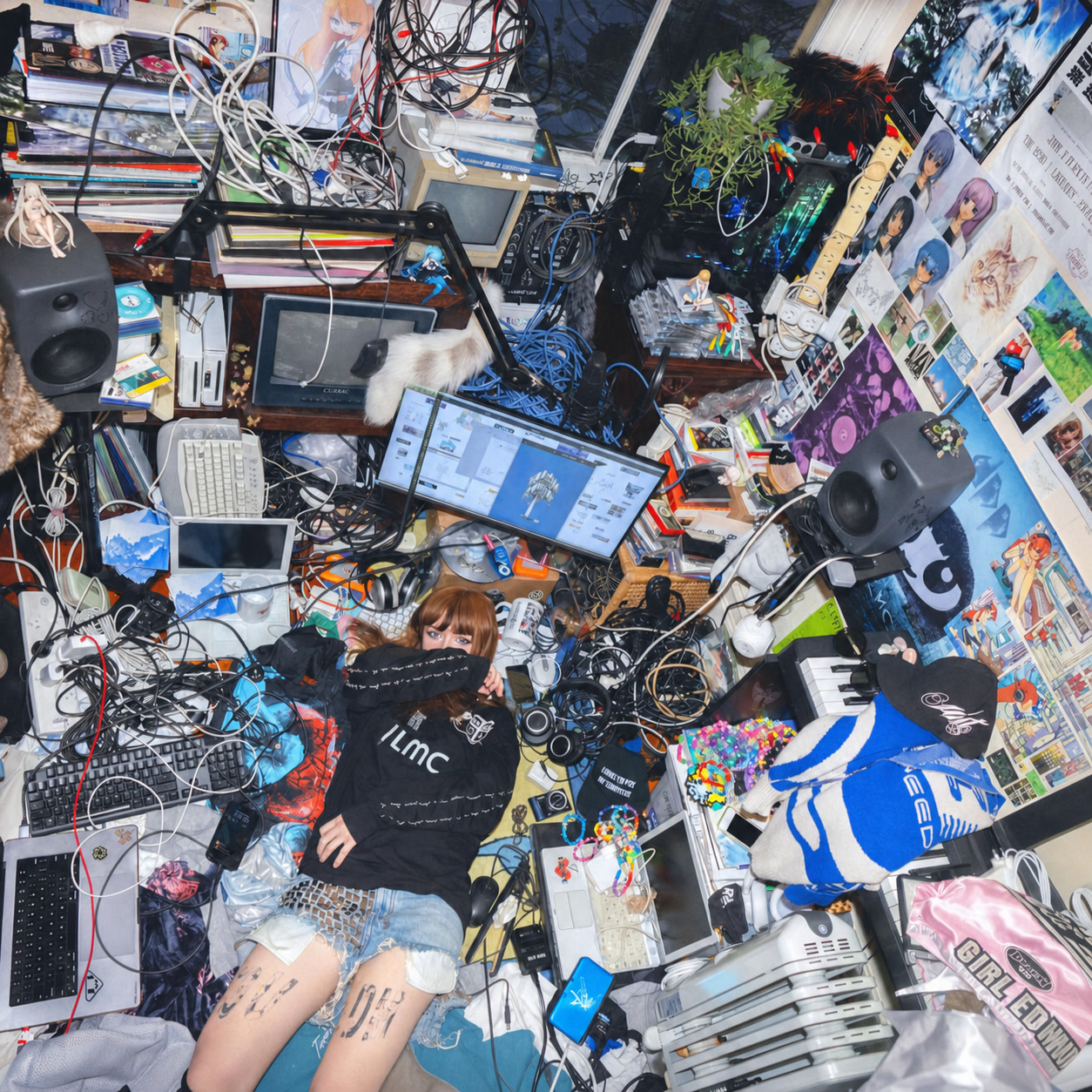 Overhead cybercore room scene with Ninajirachi among devices, wires, posters and personal objects