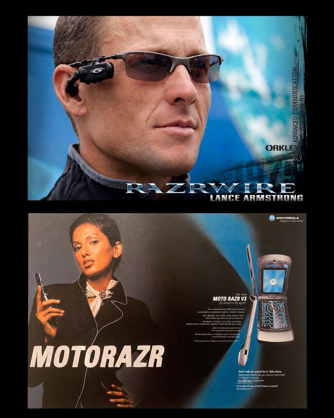Collage showing Oakley RazrWire and Motorola RAZR advertising references