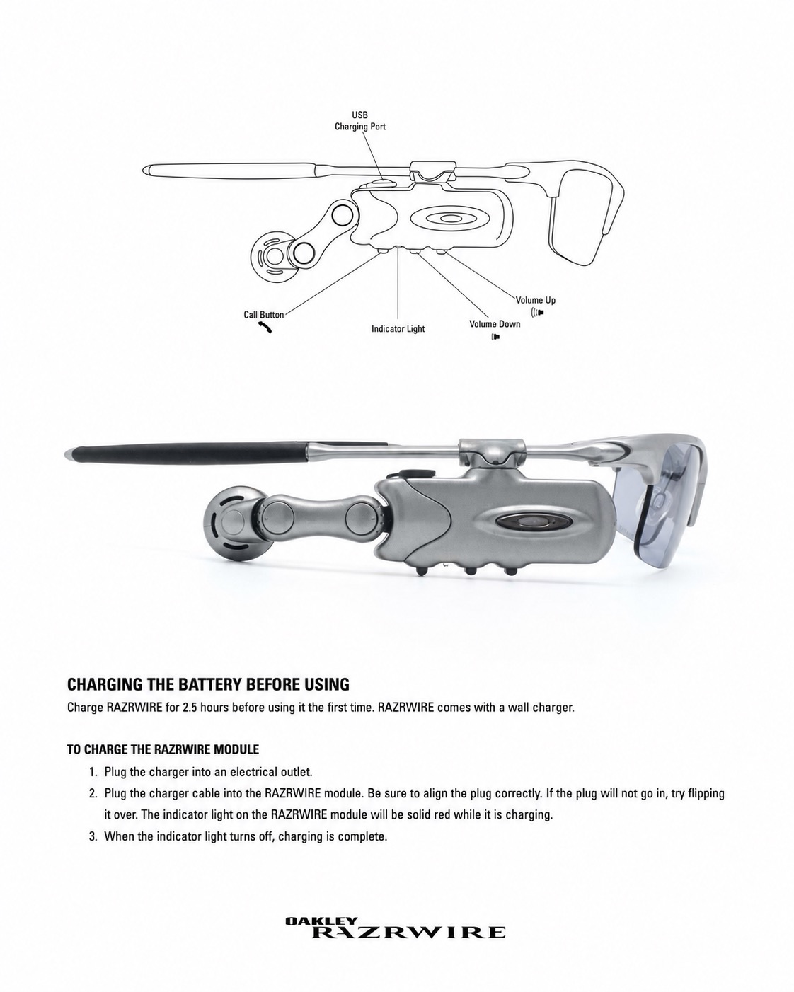 Oakley RazrWire diagram and charging instruction page