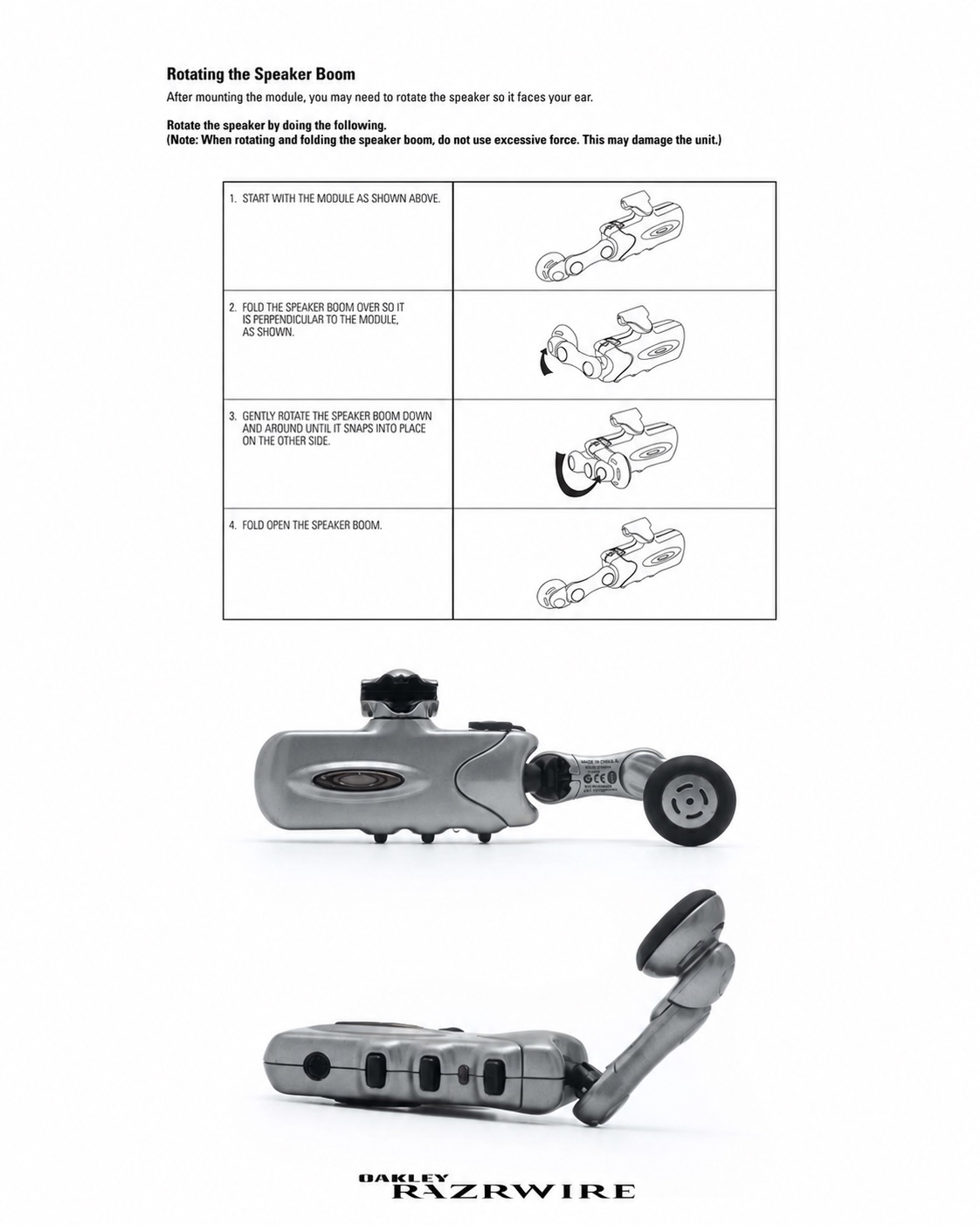 Oakley RazrWire speaker-boom rotation instruction page with product photos