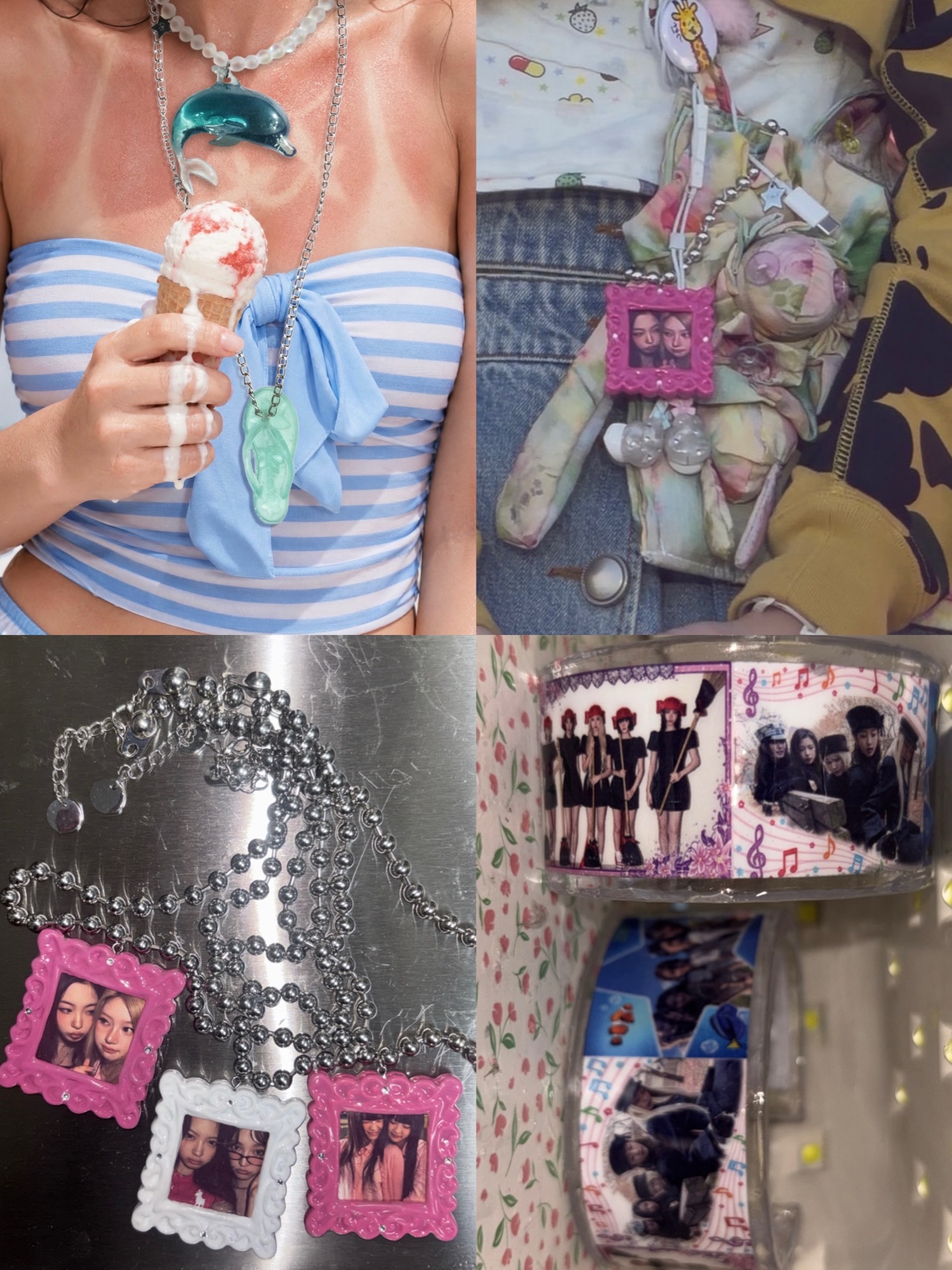 Four-panel collage of dolphin necklaces, miniature photo-frame pendants and transparent photo-strip bangles.