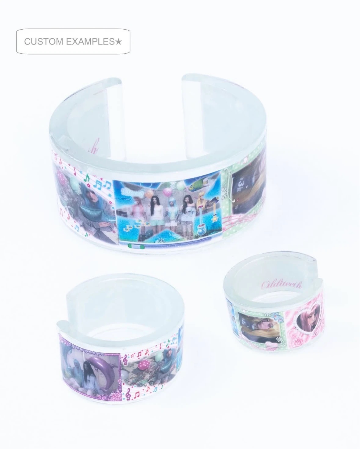 Custom examples of three clear photo-strip cuffs in different widths, arranged on a white background.
