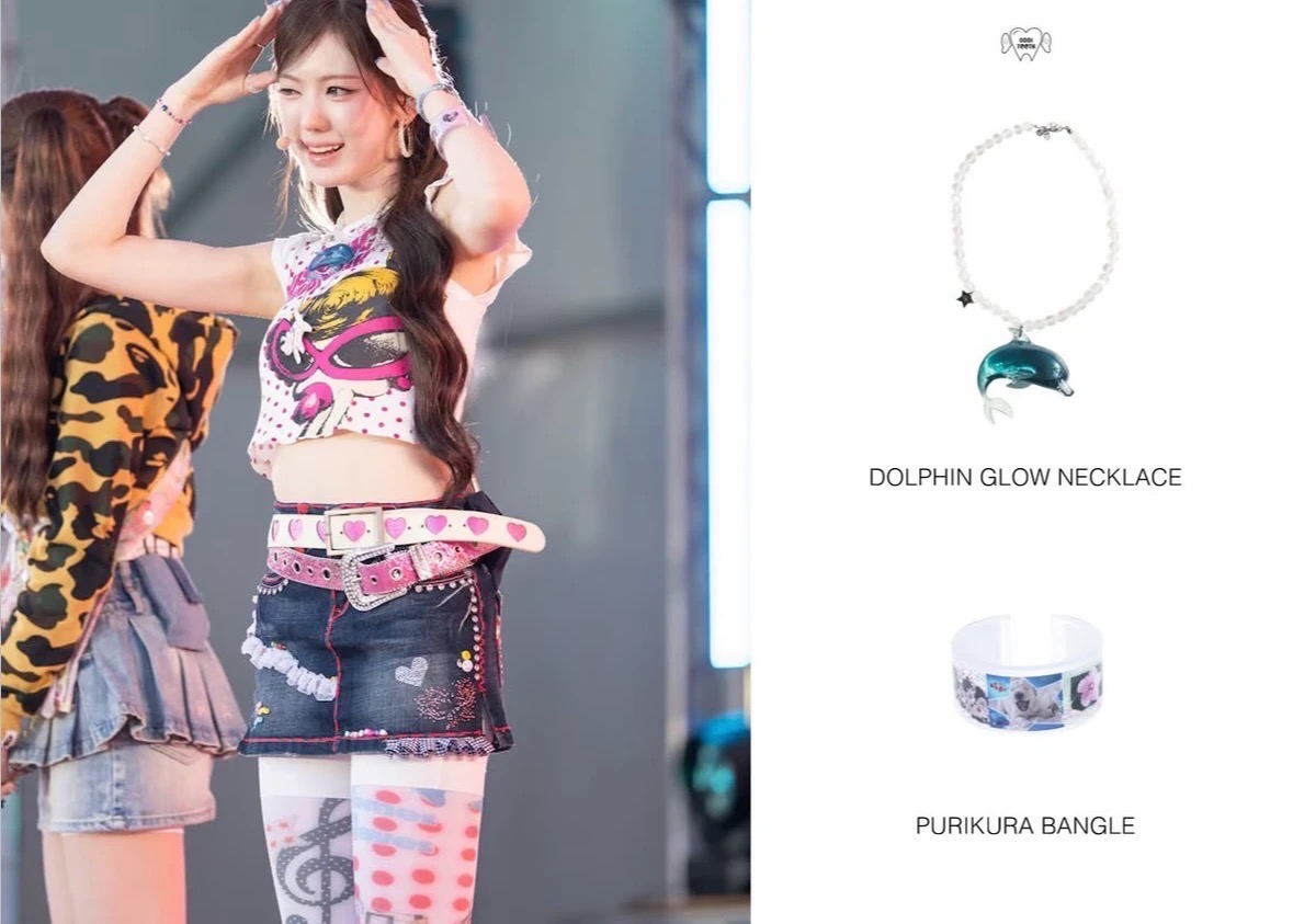 Stage photo beside product images labeled Dolphin Glow Necklace and Purikura Bangle.