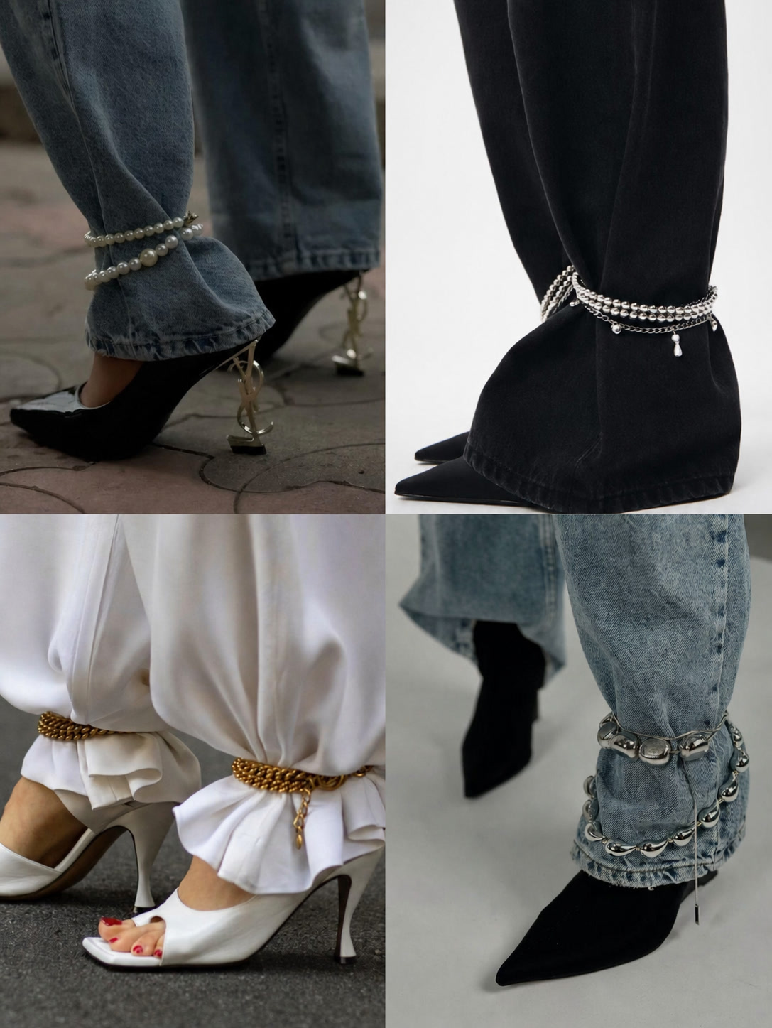 Pearl and silver ankle jewelry wrapped around denim and black heels