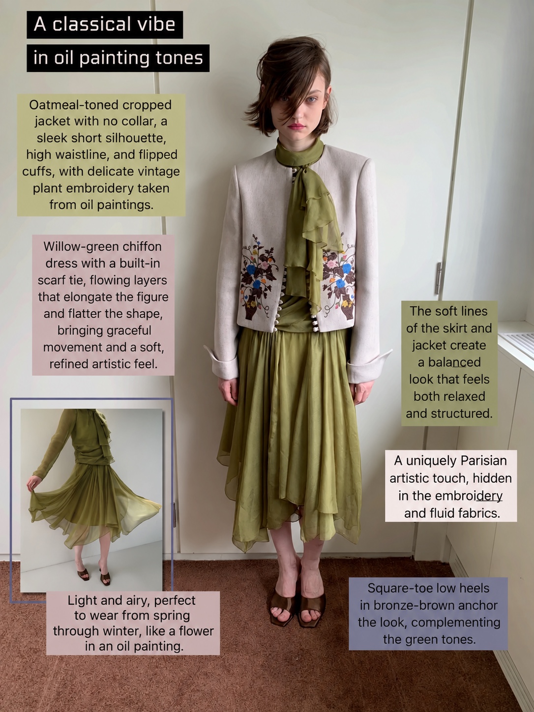 Cropped cream jacket with floral embroidery over an olive-green scarf-neck dress