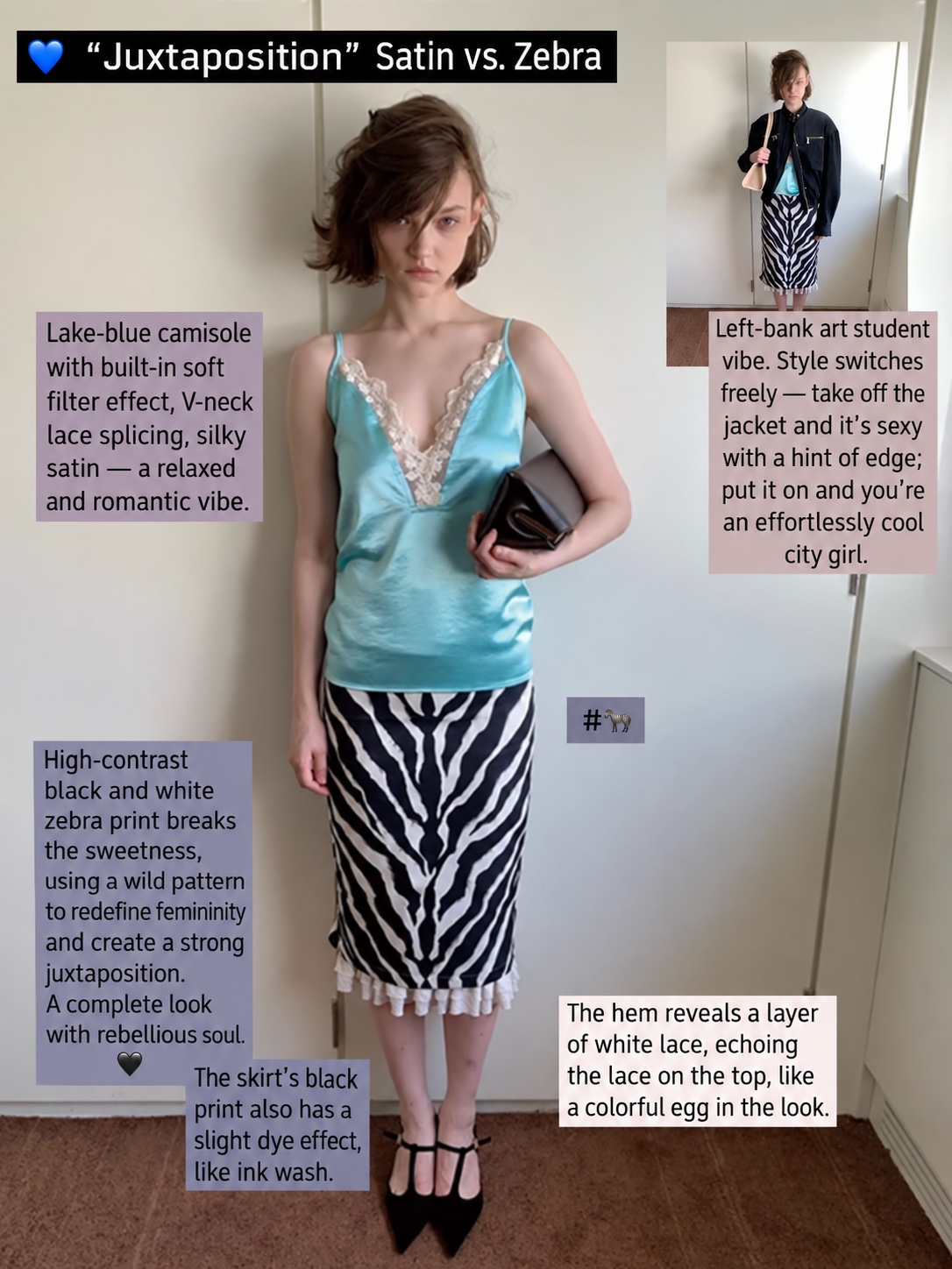 Turquoise lace-trim camisole with a zebra-print midi skirt and black pointed heels