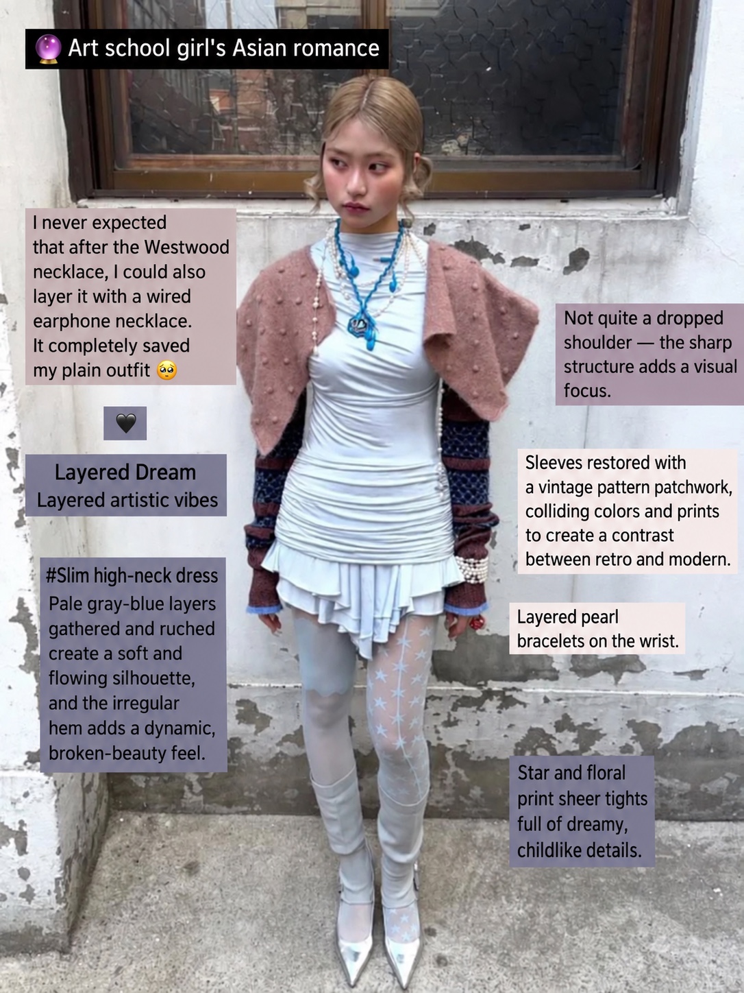 Pale ruched mini dress with a pink patchwork jacket, blue necklaces and star-patterned tights