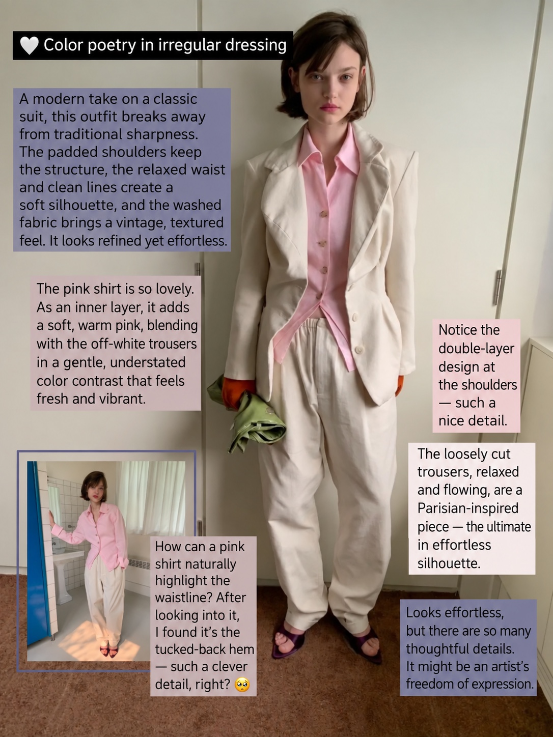 Cream trouser suit with a pink shirt, loose trousers and a green clutch