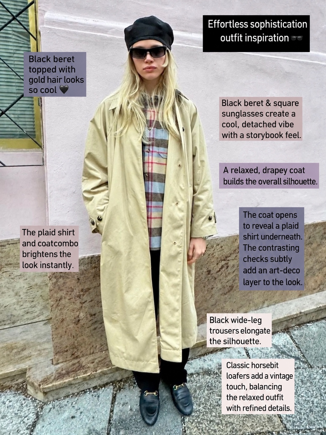 Pale yellow coat over a plaid shirt and black trousers, with a black beret and loafers