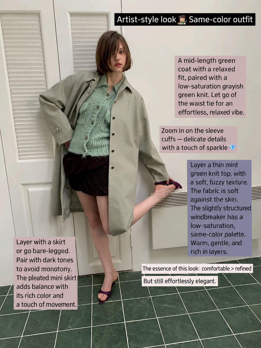 Sage-green coat over a mint knit top and a dark brown pleated mini skirt