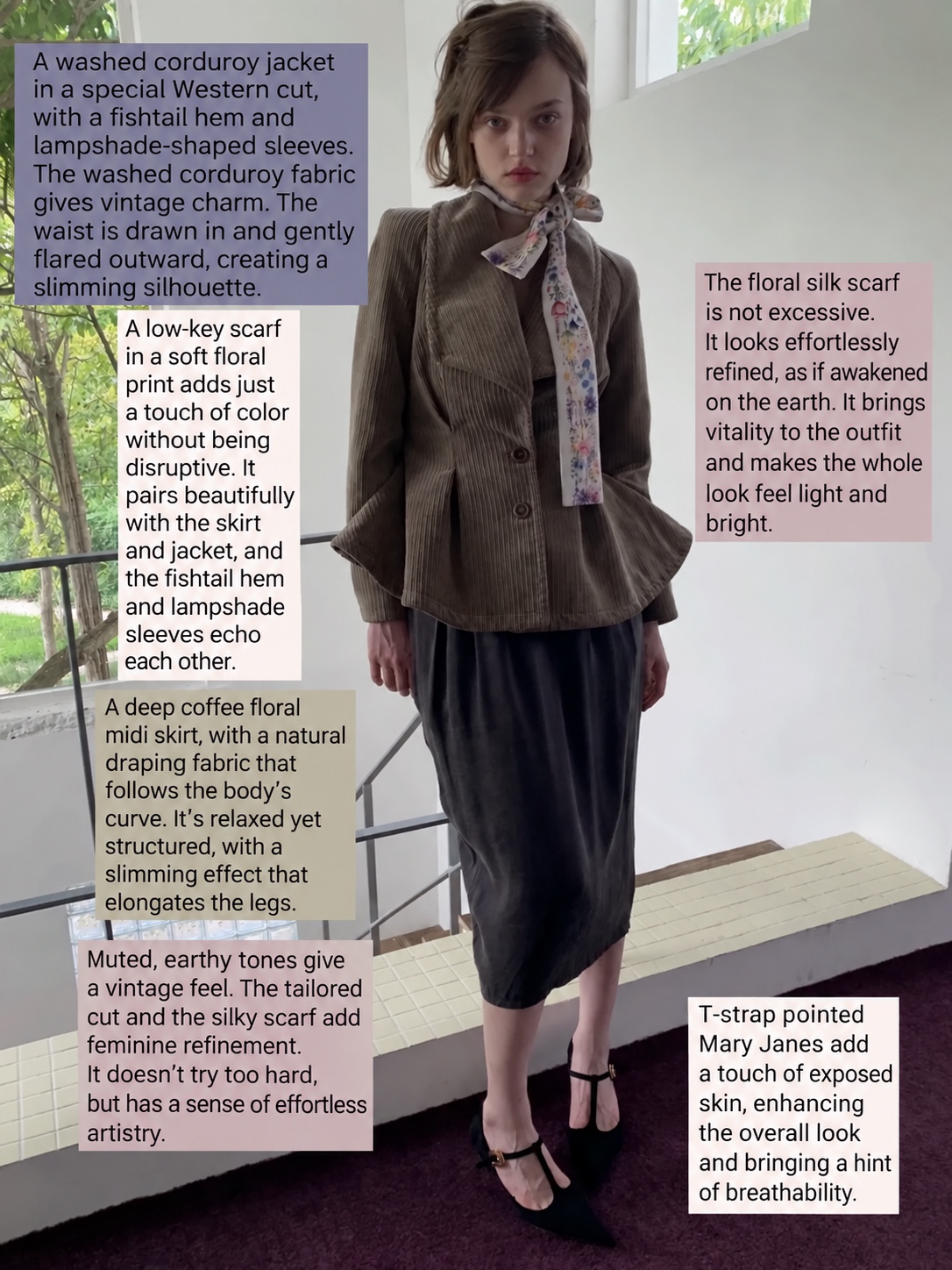 Brown corduroy jacket, floral scarf, dark midi skirt and T-strap shoes
