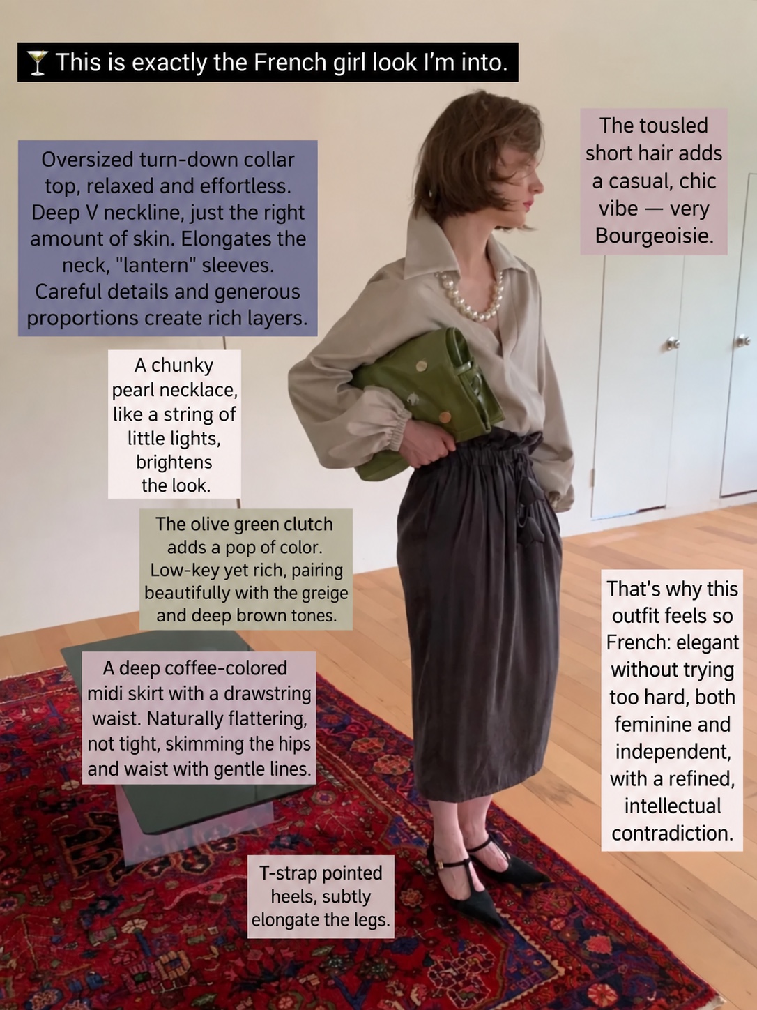 Taupe blouse, dark skirt, green clutch and pearl accents