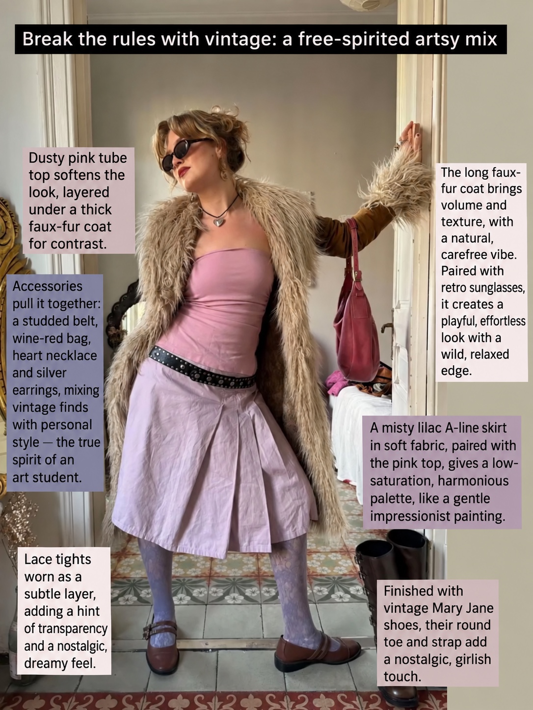 Pink top, faux-fur coat, lilac skirt and Mary Jane shoes