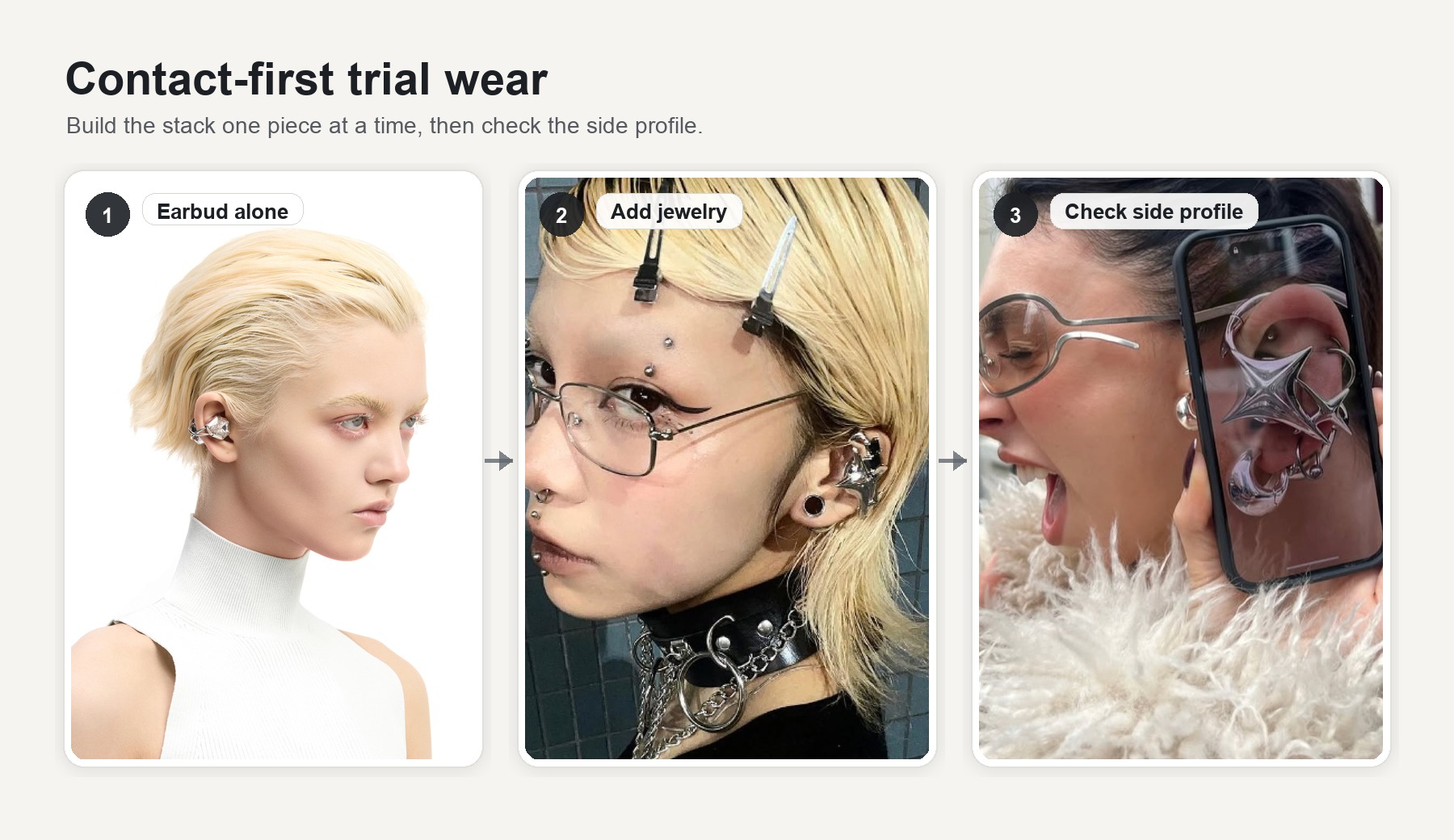 Three-step contact test: earbud worn alone, helix ring added, side-profile check in a mirror.