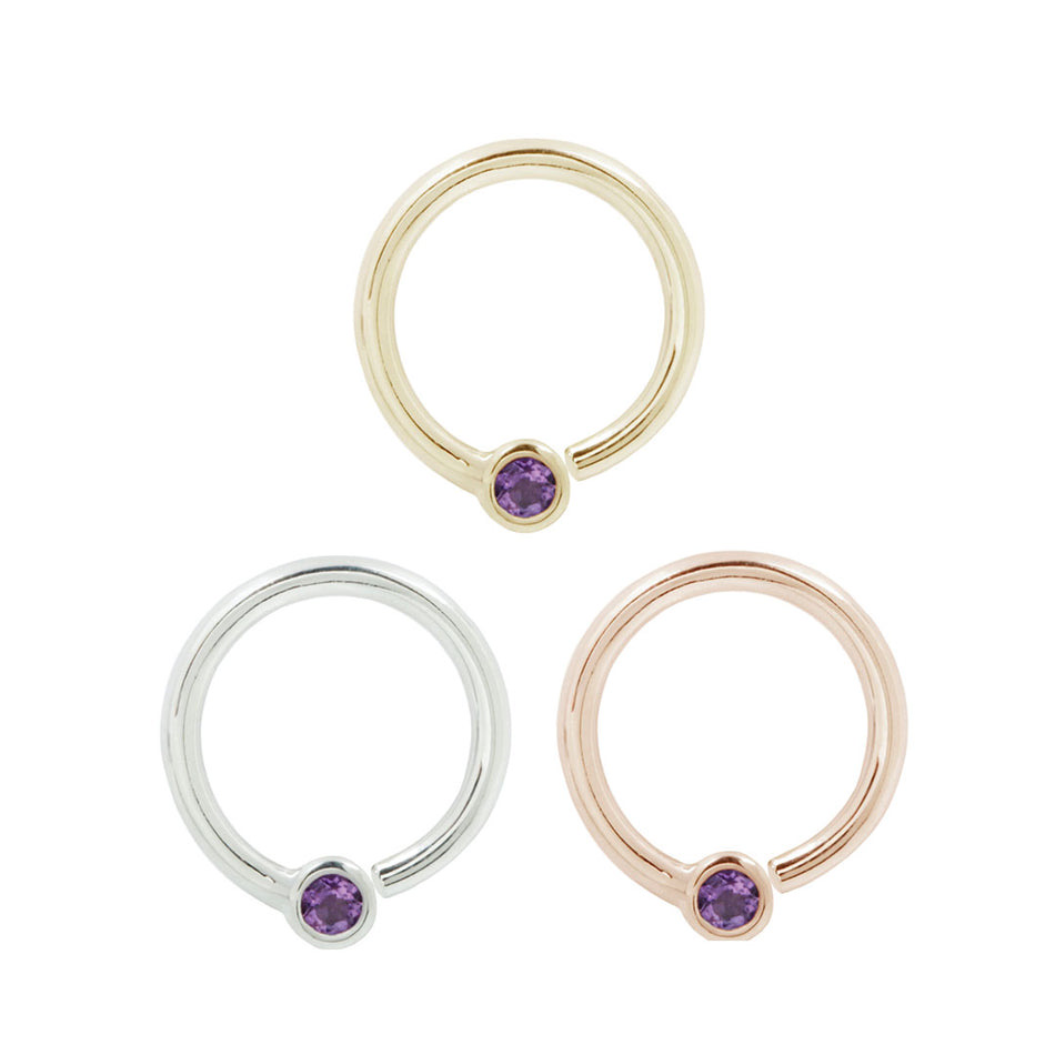 Buddha Jewelry amethyst fixed bead rings in yellow, white, and rose gold