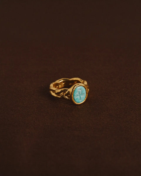 Pamela Love gold Ankh ring with turquoise stone