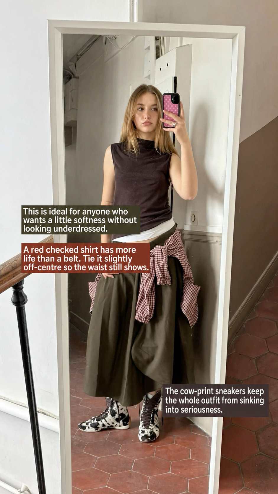 Plaid skirt outfit idea with geek chic layers and soft preppy styling