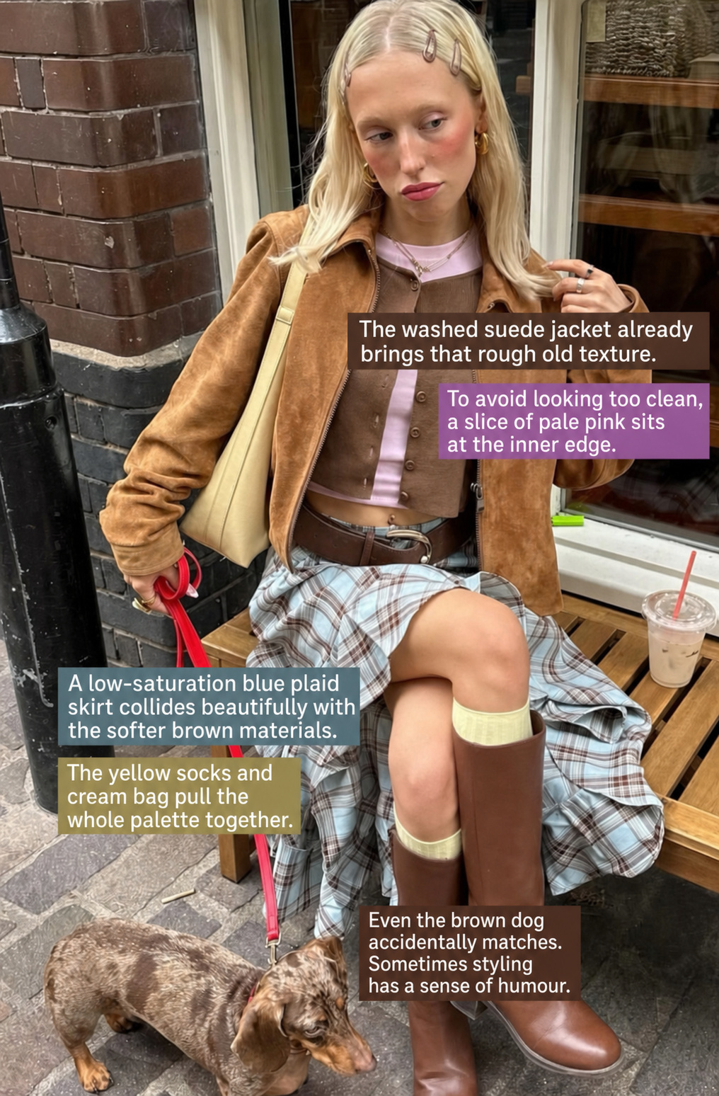 Preppy plaid outfit with structured layers and contrast accessories