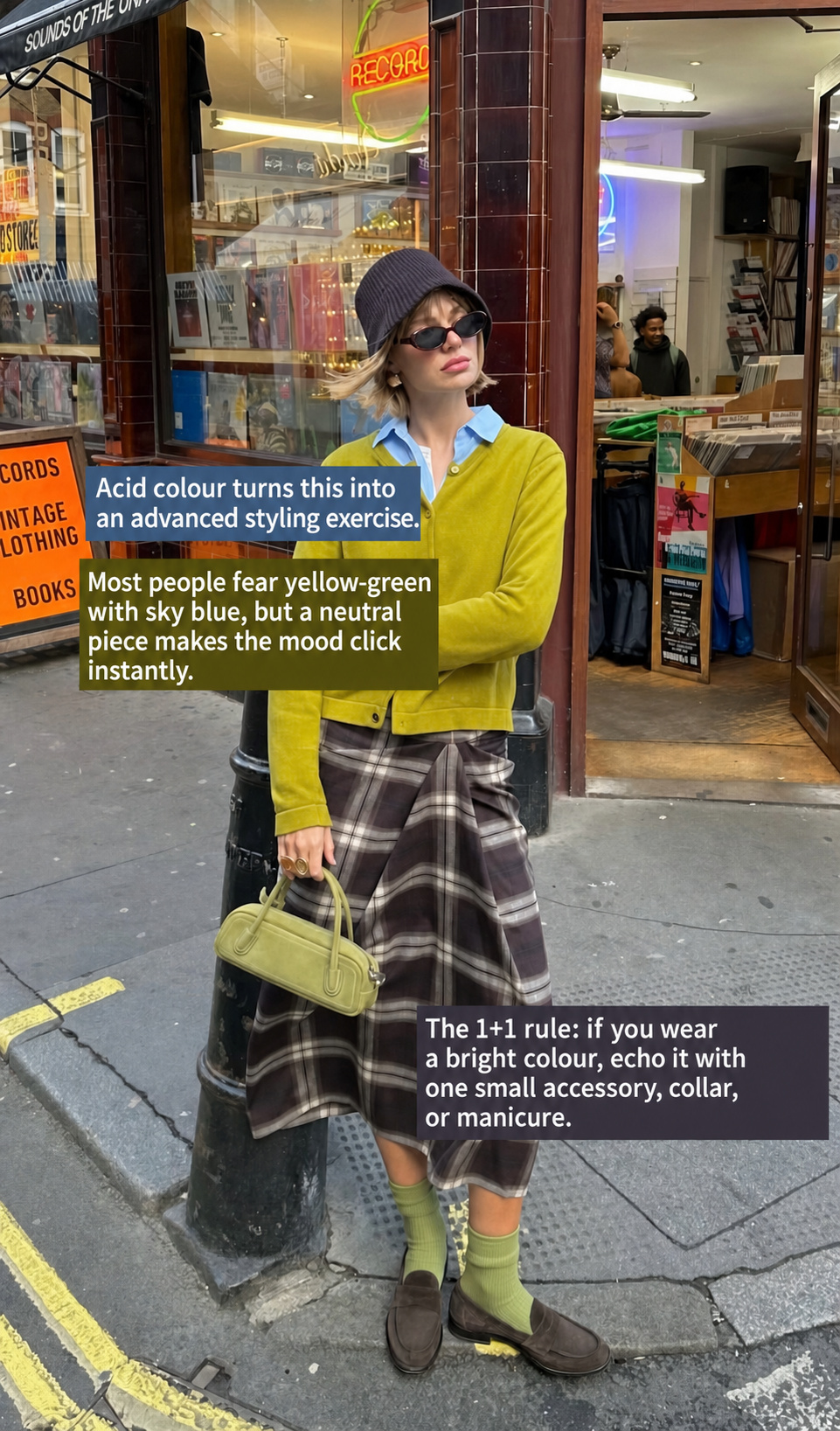 Plaid outfit idea with oversized skirt and preppy pattern mixing