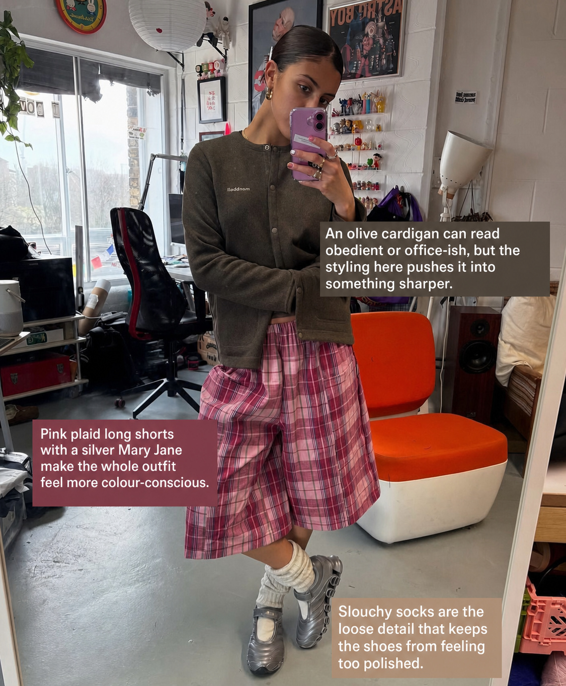 Preppy outfit idea with plaid styling and a worn-in leather bag