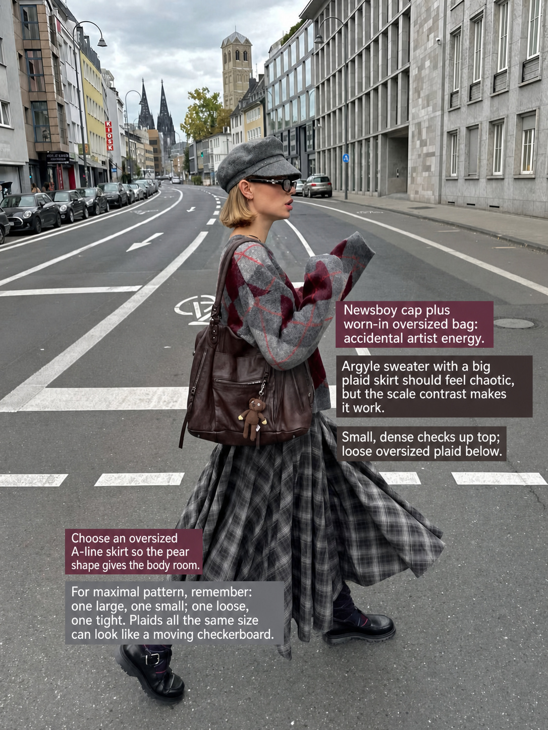 Preppy street style with plaid skirt, argyle sweater and oversized bag