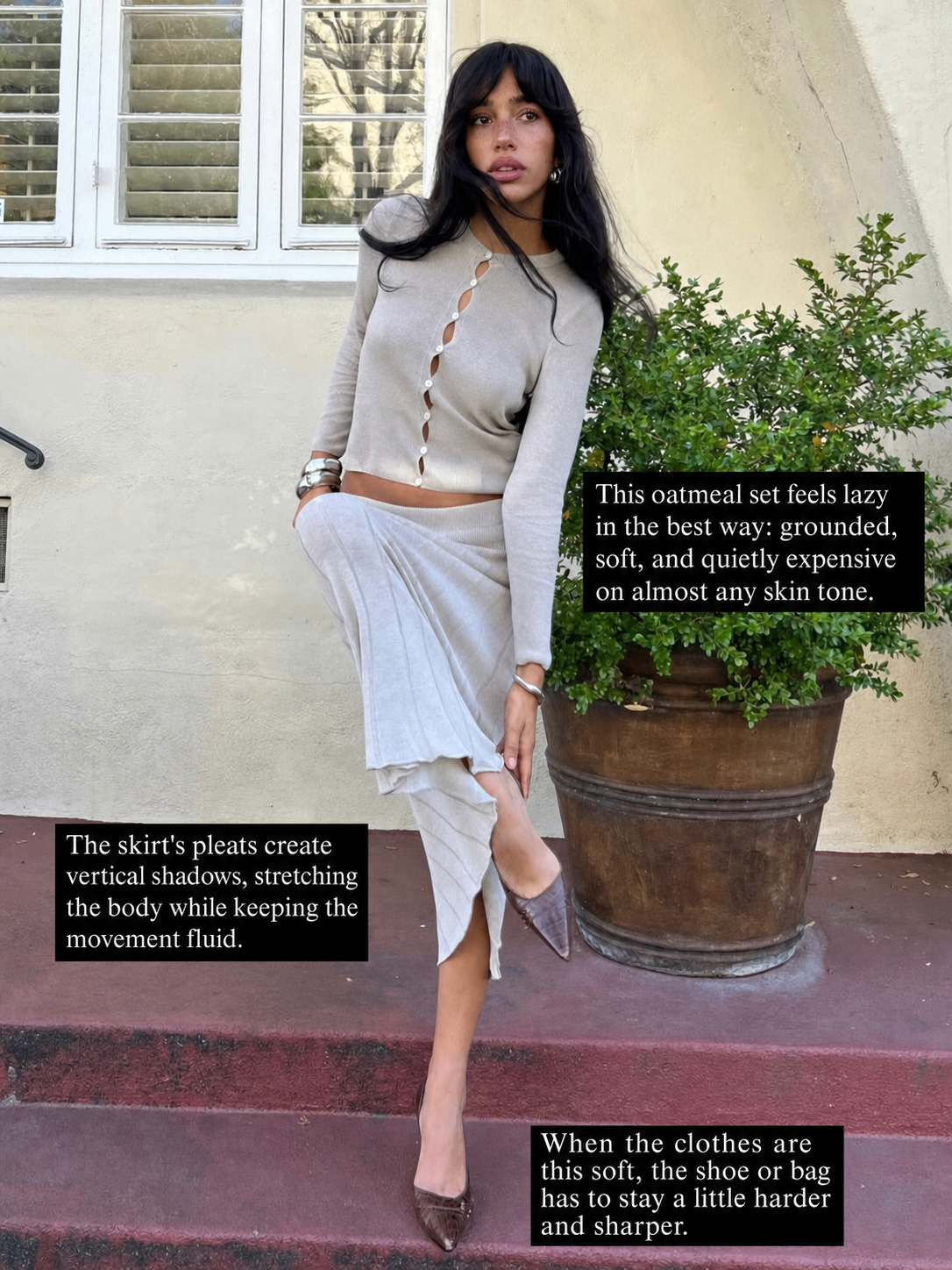 Botanical garden outfit idea with soft layers and plant-inspired colour