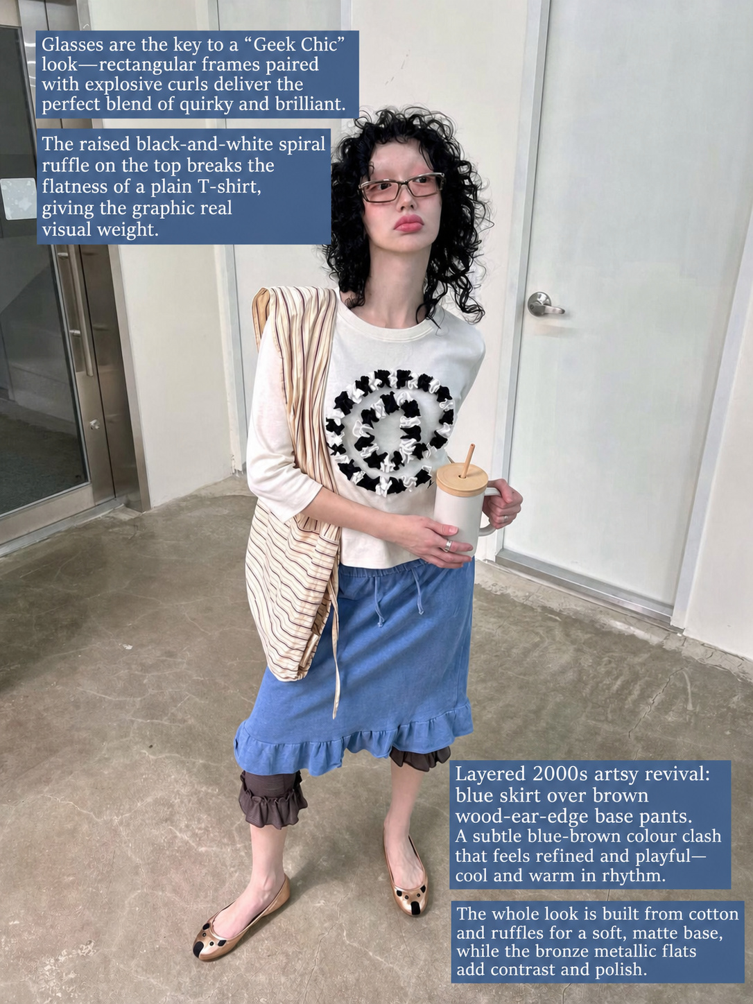 Geek chic outfit idea with red glasses, ruffle layers and mismatched early-2000s styling