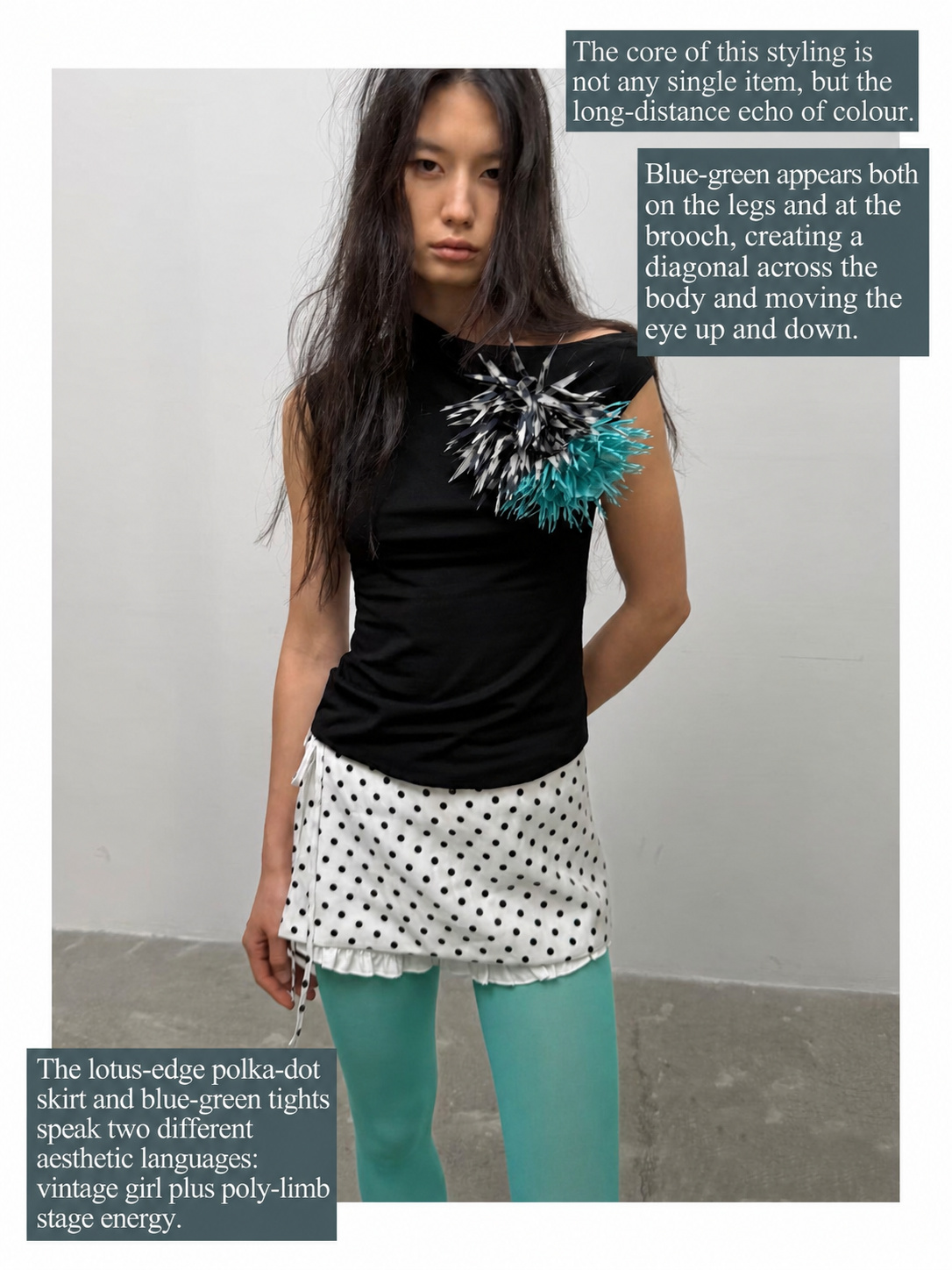 Statement brooch outfit with black tank, polka-dot skirt and turquoise tights