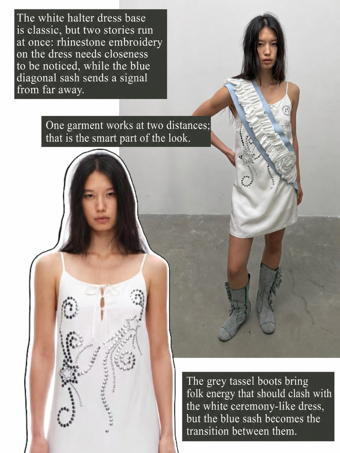 White dress with blue sash, grey tassel boots and embroidered outfit details