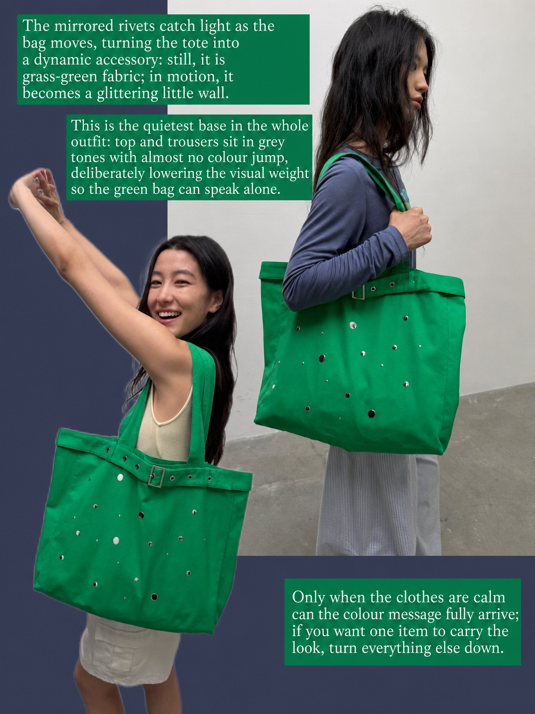Green tote bag outfit with silver rivets and quiet grey-white styling