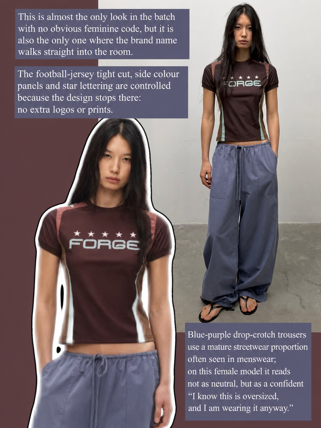 Graphic tee outfit with blue-purple trousers and controlled sporty details
