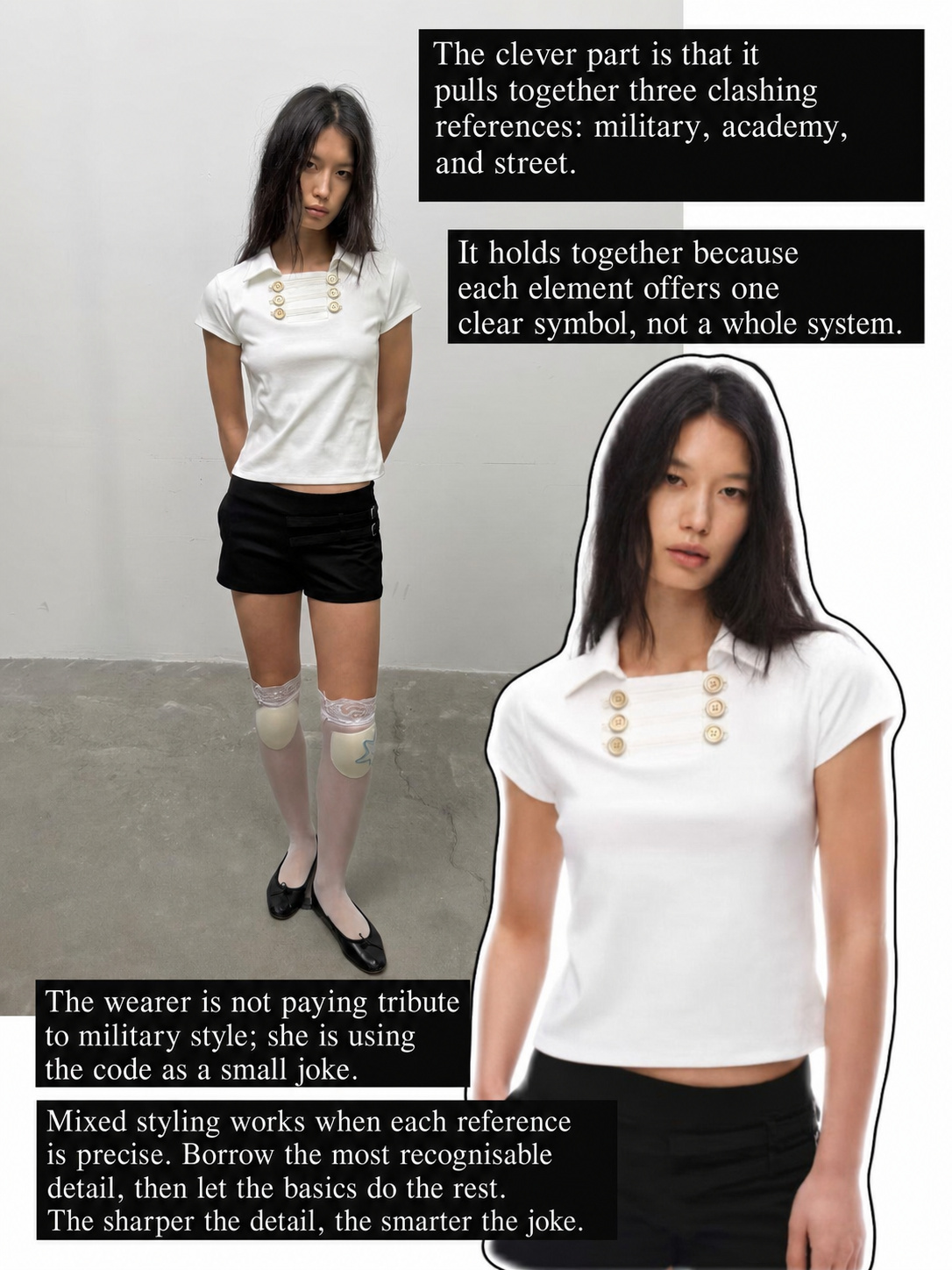 White tee and black shorts outfit with gold detail, socks and flats
