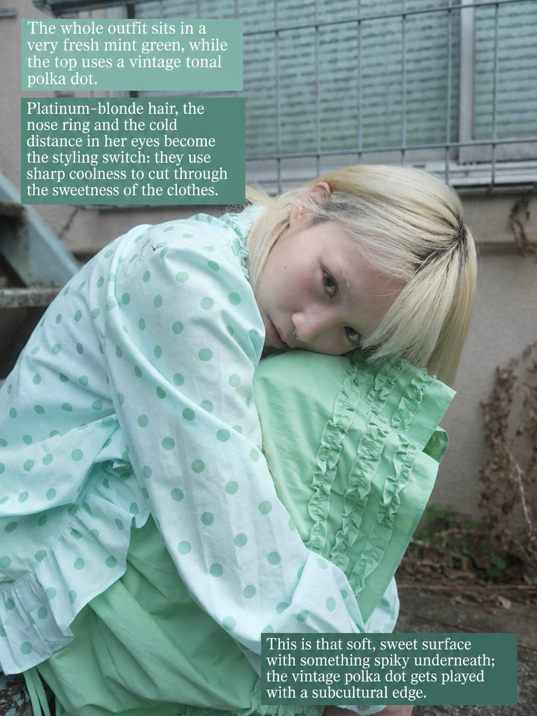 Mint green outfit with polka dots, ruffles and soft subcultural styling