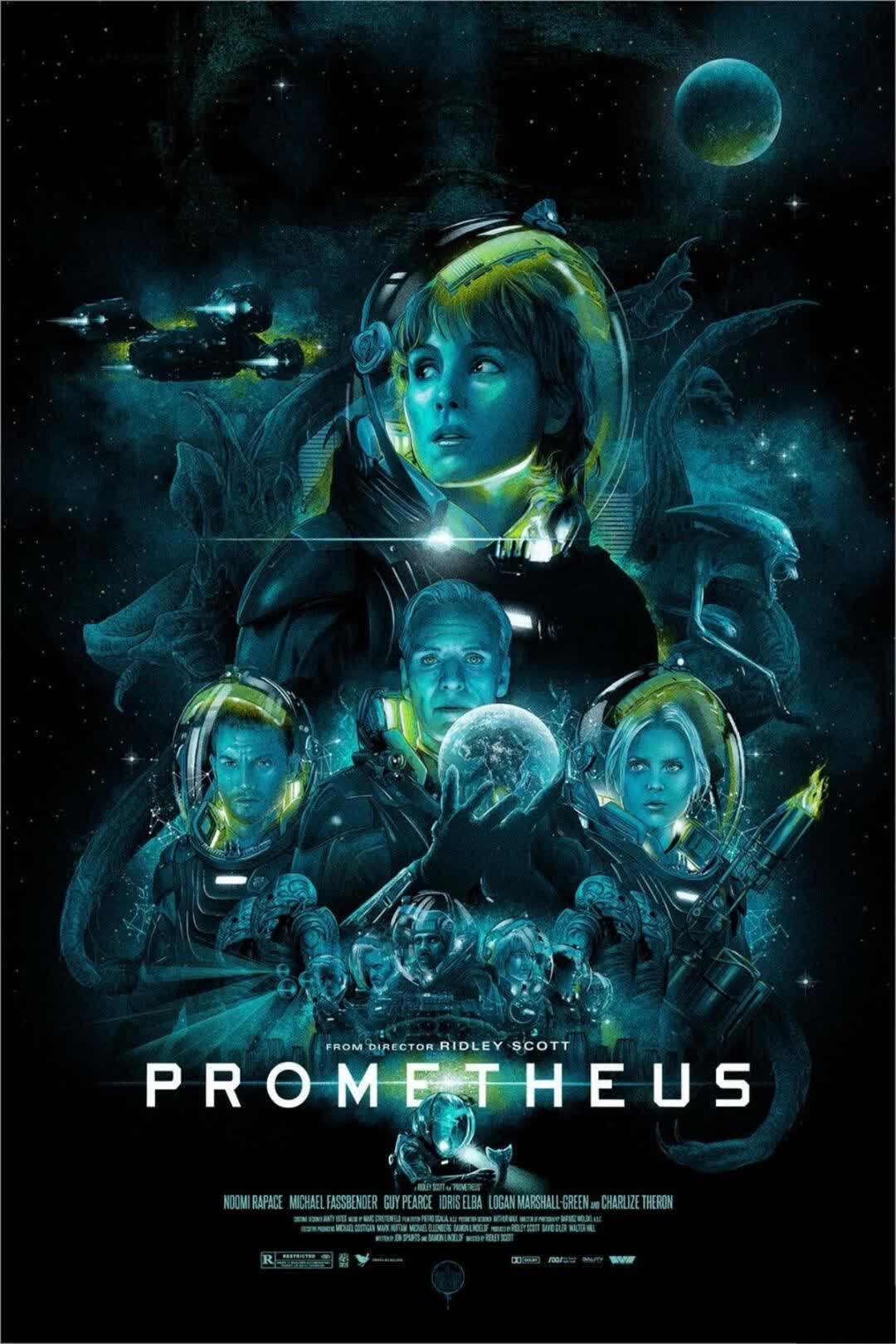 Prometheus characters approaching an alien structure in a vast landscape