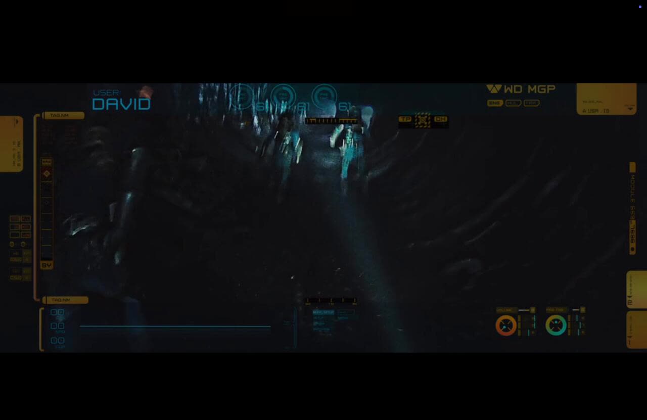 Prometheus movie image with crew members inside a sterile futuristic ship